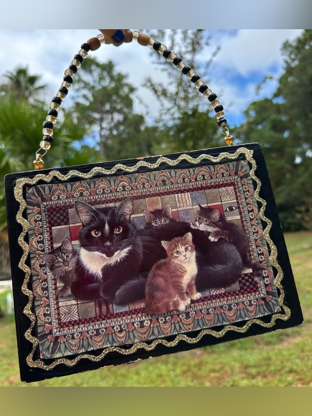 Handmade Cat Cigar Box Purse Handbag Kitschy